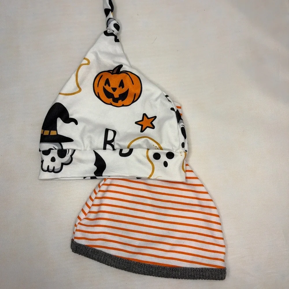 Baby Essentials Halloween Beanie Hat Set 2pk Infant Pumpkin Skull Orange White